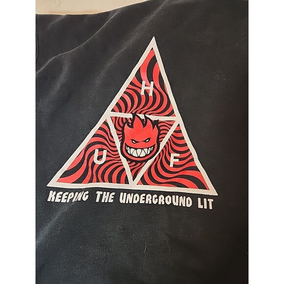 Vintage Y2K HUF Spitfire Hoodie Mens XL Born to Live Burn‎ Pullover Skate Black - Picture 5 of 8